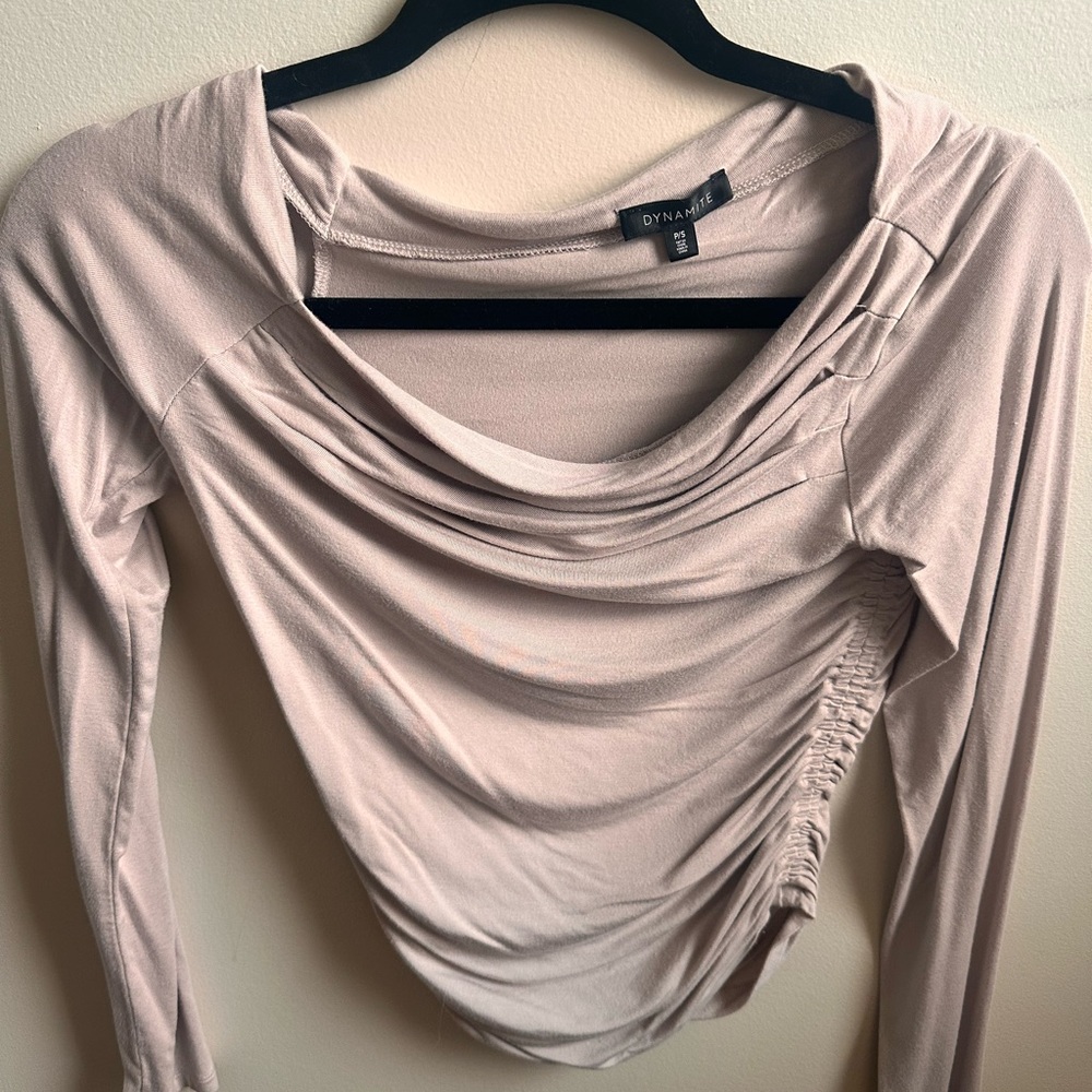 Dynamite Tan Ruched Asymmetrical Long Sleeve Blouse